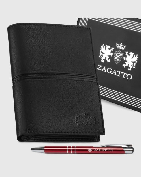 Czarny skórzany męski portfel pionowy RFID Secure ze skóry naturalnej licowej, Zagatto