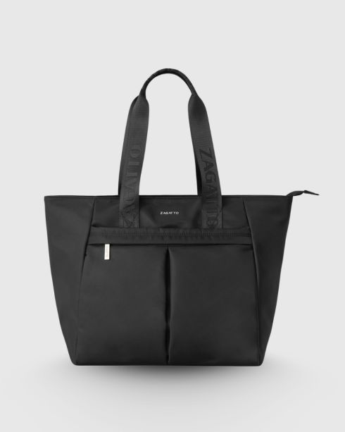 Czarna torebka damska typu shopper z poliestru i nylonu, Zagatto