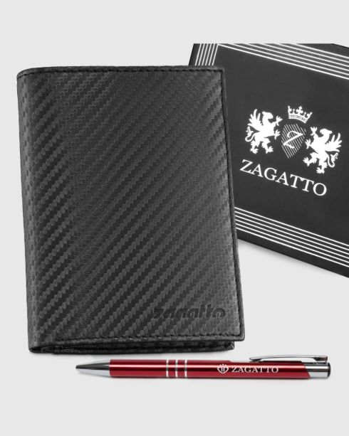 Czarny skórzany portfel męski pionowy carbon z ochroną RFID, skóra naturalna licowa, Zagatto