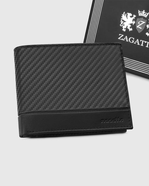 Czarny poziomy skórzany portfel męski carbon RFID Secure, skóra naturalna licowa, Zagatto