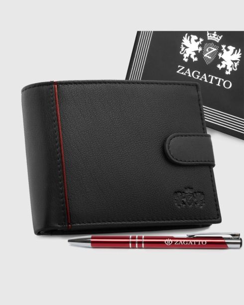Czarny skórzany portfel męski poziomy zapinany na zatrzask RFID Secure, skóra naturalna licowa, Zagatto