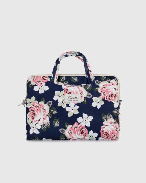 Damska torba na laptopa 15,6 cala w kwiaty z kieszeniami, pudrowy róż, poliester, Zagatto