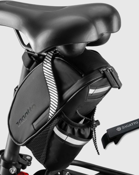 Czarna sakwa rowerowa pod siodełko, poliester i nylon